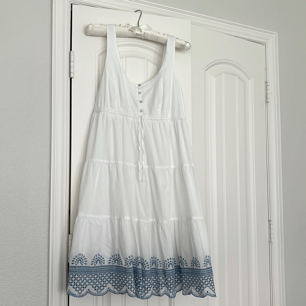 Seraphine White Midi Dress with Blue Embroidered Hem